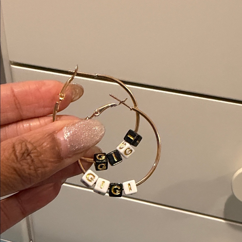 Customized Gold Hoop name or initials  Black and White Beaded earrings